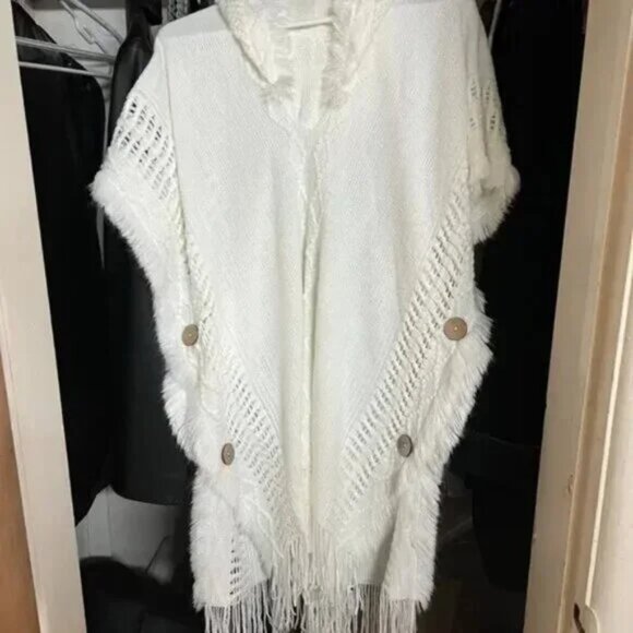 Button Side Hooded Cape Tassel Trim Angel Poncho Sweater White - Picture 4 of 4